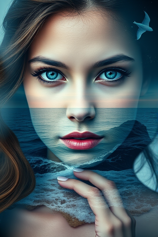 this photo is Book cover, A surreal double exposure portrait that blends a woman's face with a beautiful seascape. The overall mood is dreamy and mystical, with rich colors and intricate details