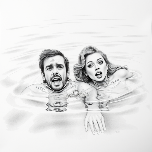 A hyperdetailed photorealistic black and white pencil sketch recreating the iconic scene at the end of Titanic with Jack and Rose floating in the water, only show them making exaggerated funny faces at the camera. Show Rose spitting water at the camera.