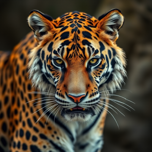 Regenerate an image of a majestic big cat hybrid with the body of a leopard and the facial features of a tiger, captured with a DSLR camera at 50mm focal length, aperture f/2.8, ISO 100, in natural lighting, with a shallow depth of field to emphasize the animal's fur texture and expression.