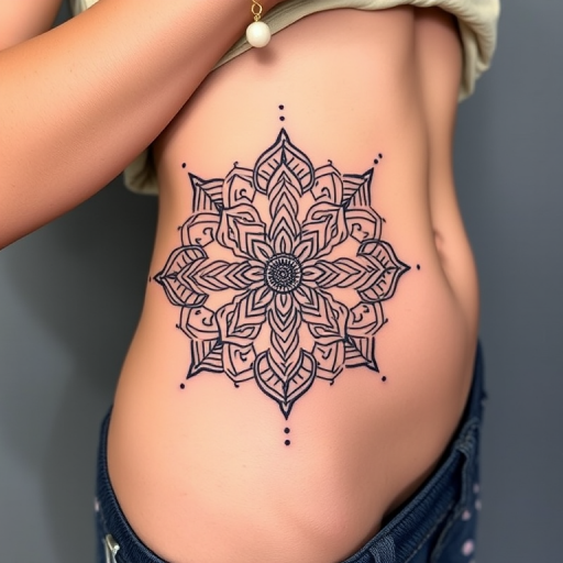 Mandala underboob tattoo with intricate geometric patterns and delicate dot work, designed to accentuate the natural curves of the body for a flattering and feminine look