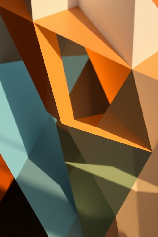 Generate a high-resolution abstract image with a focus on geometric shapes, using a DSLR camera with a 50mm lens, aperture f/2.8, ISO 100, shot from a slightly elevated angle, in a natural light setting to enhance colors and contrasts.