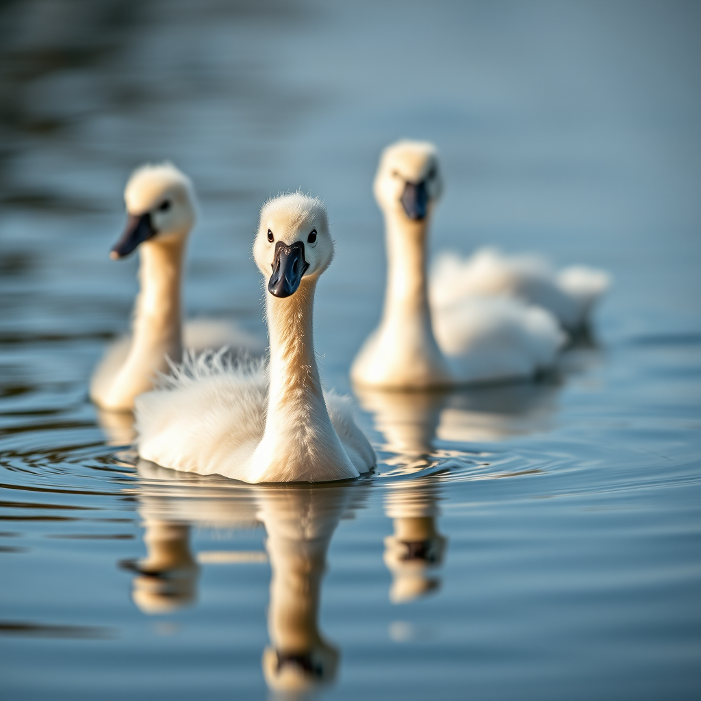 Capture a close-up image of four cygnets swimming in still water, with a shallow depth of field to create a blurred background, using a DSLR camera with a 50mm lens, f/2.8 aperture, ISO 100, shutter speed 1/500s, taken from a low angle to emphasize the cygnets and their reflections on the water.