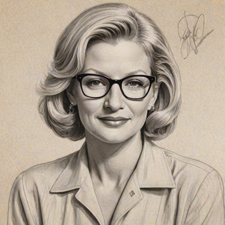 Radiant Diane Sawyer, pencil sketch, portrait of Pleasing woman 1946s in glasses, hair style beatnik, outline, clear lines, fine lines, 8k