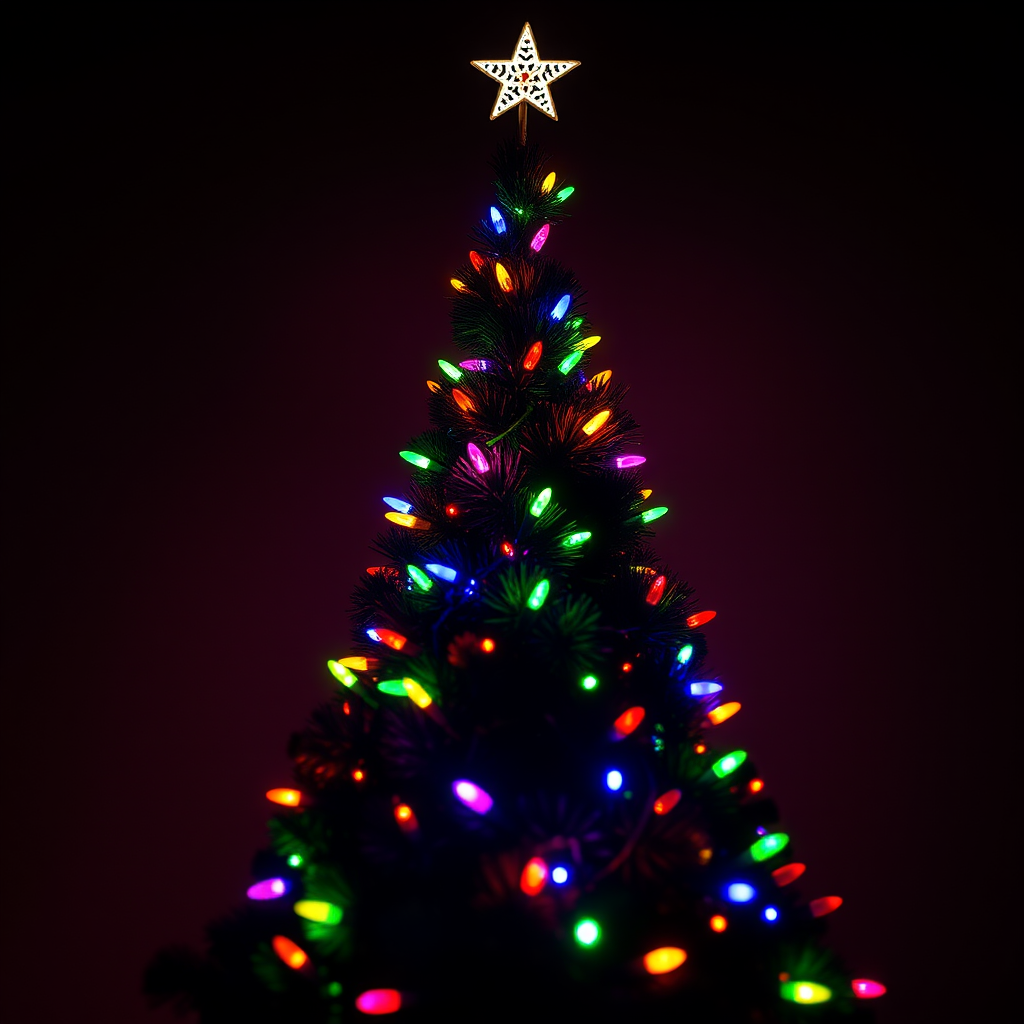 Create a vibrant Christmas tree with colorful lights set against a black background, using a DSLR camera with a 50mm lens, f/1.8 aperture, ISO 200, 1/60 sec shutter speed, shot from a low angle with a slightly blurred background to enhance the visual appeal.