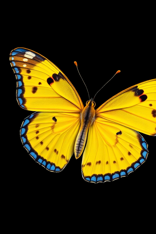 Generate an image of a vibrant yellow butterfly with distinctive blue edges and black dots on its wings, set against a dark background. The butterfly should be depicted in a natural pose, showcasing its intricate wing patterns and colors.