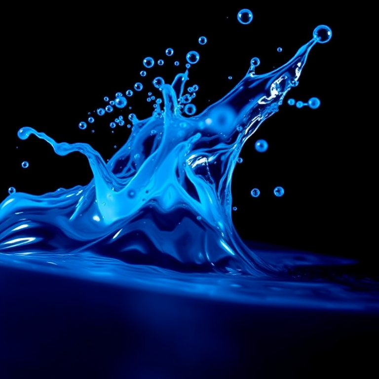 Generate an image of stylized water splashes in vibrant blue with a black background, capture in high resolution, using a 50mm lens with an aperture of f/2.8, employing a macro photography style for sharp detail and clarity, using a DSLR camera.