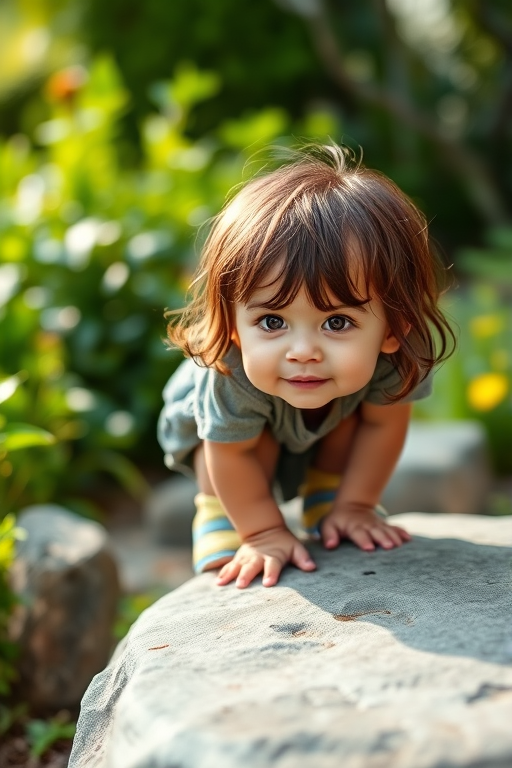 Capture a serene moment of a young child crouching on a garden stone, focusing on her playful expression, with a blurred background of greenery, using a DSLR camera, 50mm lens, aperture f/1.8, ISO 100, shutter speed 1/200s, natural lighting to enhance image quality.