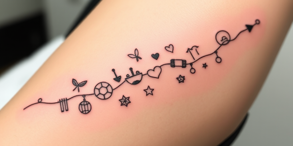 Minimalist fine line tattoo titled "Whispered Memories" showcasing delicate, hair-thin black lines forming a continuous single-line drawing that weaves together meaningful symbols and imagery, such as a person's life journey or cherished memories, creating a subtle and deeply personal narrative on the skin