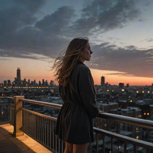 Bustling city rooftop at dusk, the skyline illuminated by the last light of the day, a woman stands by the railing, her hair blowing gently in the wind as she takes in the panoramic view.