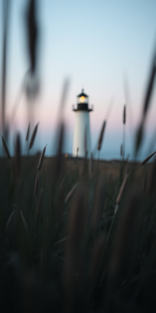A distant lighthouse partially obscured by blurred grass in soft twilight, shot with a Canon EOS R5, 85mm lens, f/2.8 aperture, ISO 100, underexposed to capture mood, using a shallow depth of field.