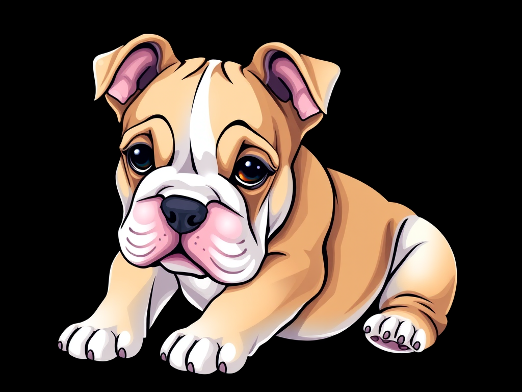 Create a high-resolution illustration of a bulldog puppy with soft shading and vibrant colors, using a digital drawing tablet, set to a 300 DPI resolution, shot from a slightly low angle to capture the puppy's expression, with a clean black background for contrast, in a vector art style.