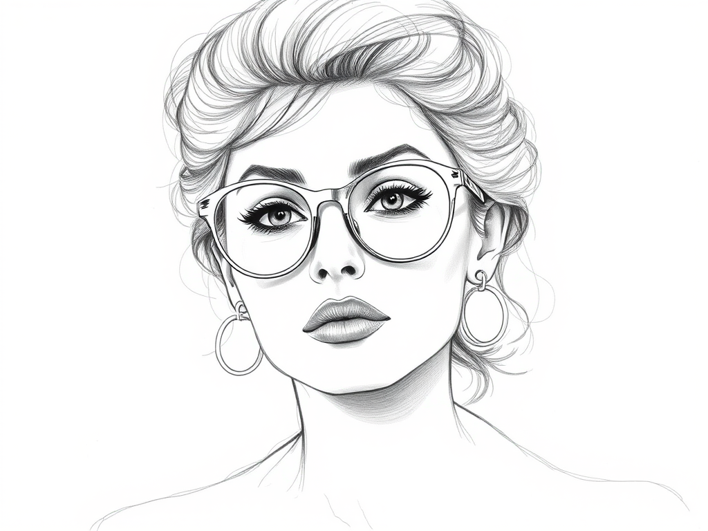 Beautiful Sophia Loren, pencil sketch, portrait of beautiful woman 60s in glasses, hair style beatnik, outline, clear lines, fine lines, 8k