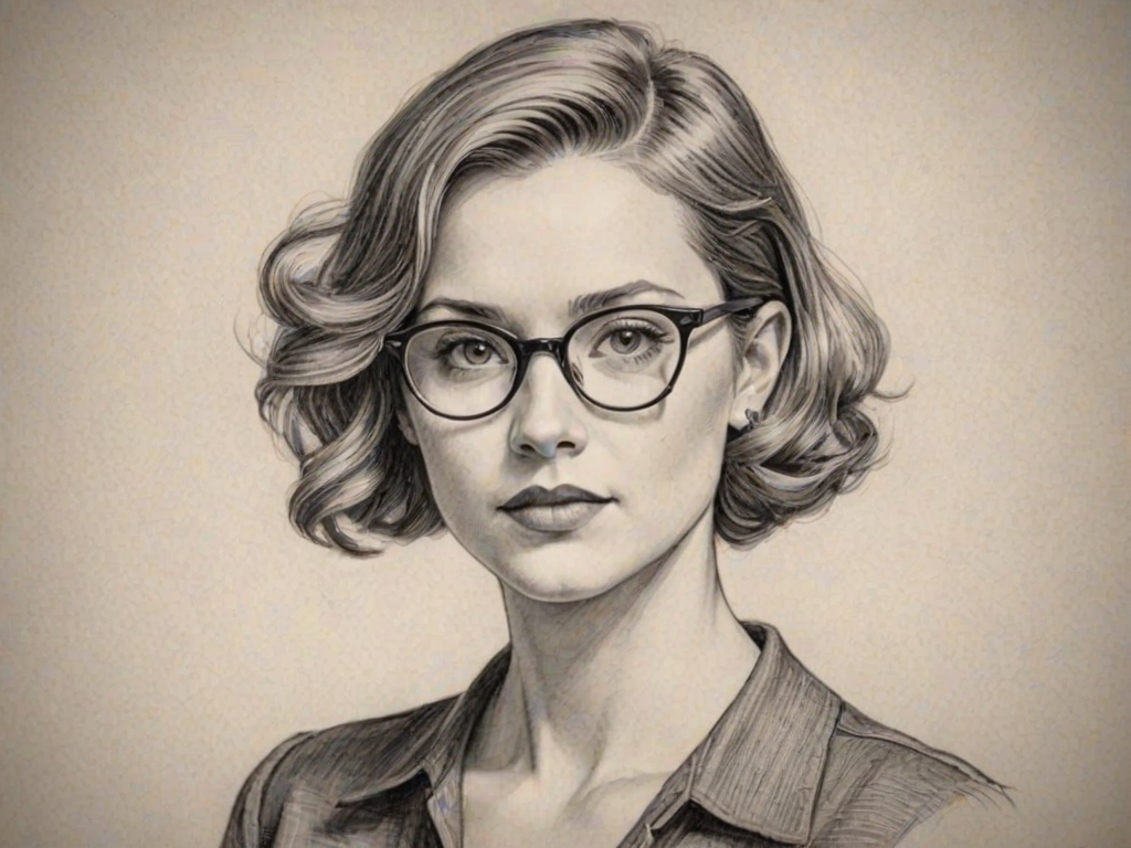 Resplendent Allison Miller, pencil sketch, portrait of Superb woman 1939s in glasses, hair style beatnik, outline, clear lines, fine lines, 8k