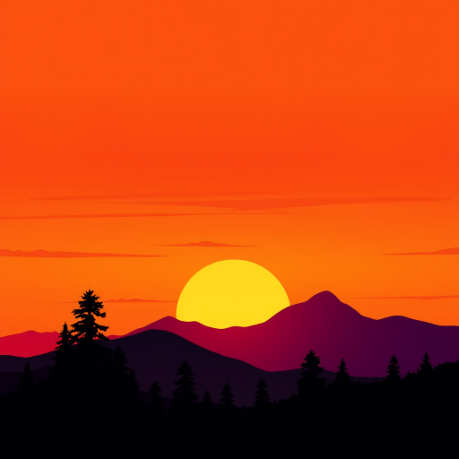 generate a stylized landscape illustration depicting a vibrant sunset over mountains with silhouetted trees, use a digital art style, incorporate warm gradient colors for the sky, focus on sharp lines and bold shapes, set the canvas size to 1920x1080, use a soft brush for blending colors, create depth with shadows, add subtle details to the trees, ensure a smooth gradient transition from orange to deep purple, optimize for a high-resolution output