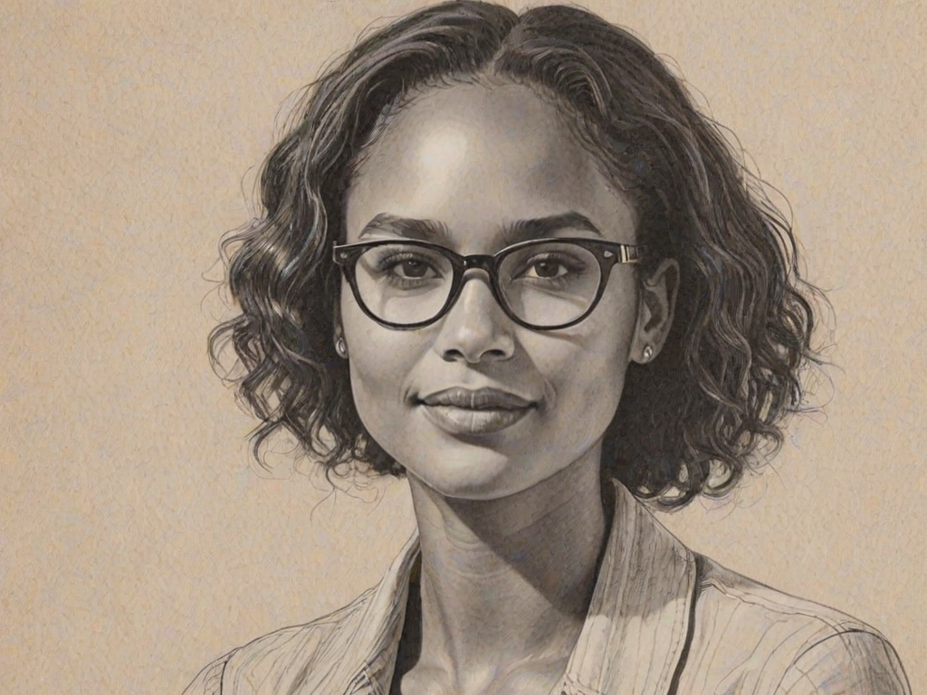 Enticing Joy Bryant, pencil sketch, portrait of Exquisite woman 1971s in glasses, hair style beatnik, outline, clear lines, fine lines, 8k
