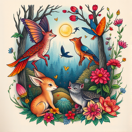 Neo-traditional tattoo called "Enchanted Wilderness" blending vibrant colors with stylized animals and florals creating a whimsical forest scene with hidden magical elements