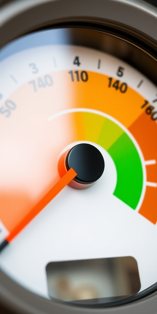 Create a high-resolution digital image of a stylized gauge with gradient sections ranging from orange to green, captured with a DSLR camera at f/8 aperture, 50mm lens, shot in natural light from a slightly above angle.
