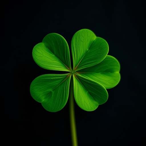 Create an image of a green four-leaf clover on a black background, using a DSLR camera with a 50mm lens, aperture set to f/2.8, ISO 100, and a shallow depth of field for a soft background blur, shot from a top-down view.