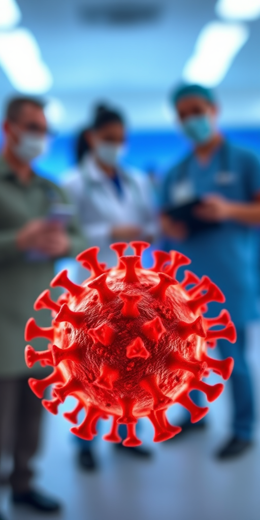 macro shot of a 3D virus model with vibrant red and orange colors, blurred medical professionals in the background, shallow depth of field, f/2.8 aperture, 100mm lens, ISO 200, natural lighting, focus on the virus for sharp detail.