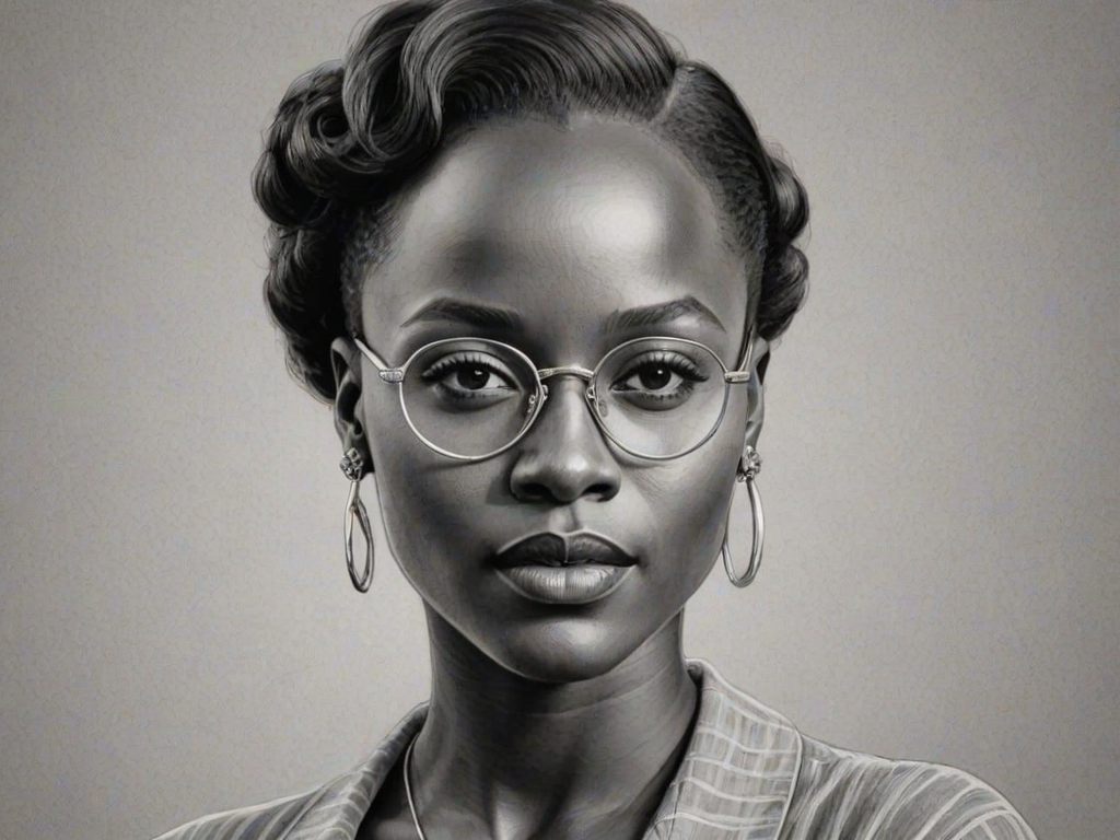 Splendid Lupita Nyong'o, pencil sketch, portrait of Appealing woman 1930s in glasses, hair style beatnik, outline, clear lines, fine lines, 8k
