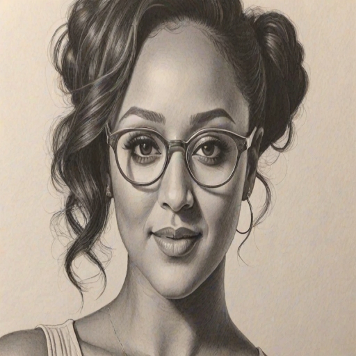 Gorgeous Tamera Mowry-Housley, pencil sketch, portrait of Beauteous woman 1977s in glasses, hair style beatnik, outline, clear lines, fine lines, 8k