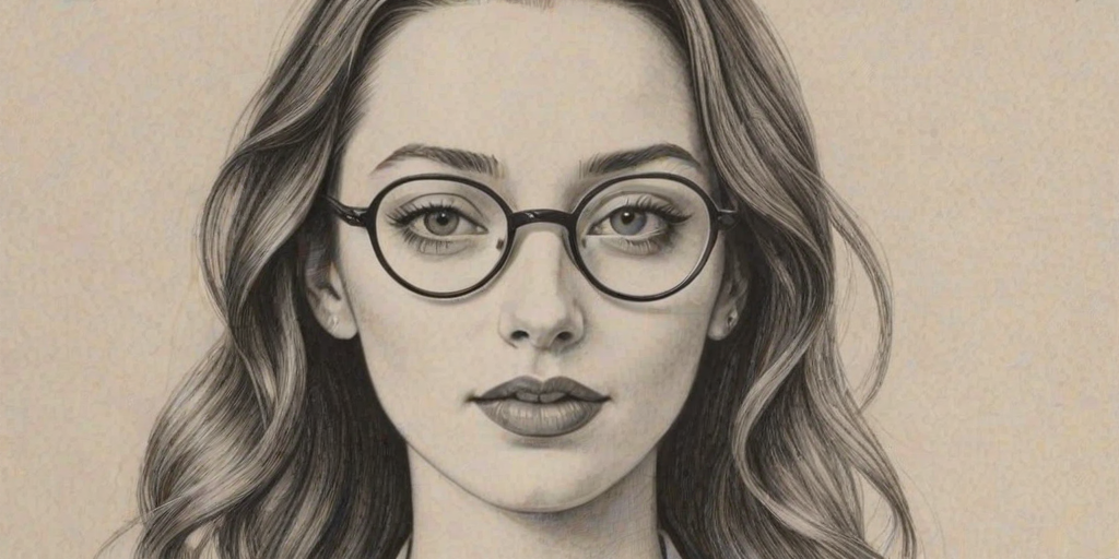 Attractive Emma Dumont, pencil sketch, portrait of Pleasing woman 1934s in glasses, hair style beatnik, outline, clear lines, fine lines, 8k