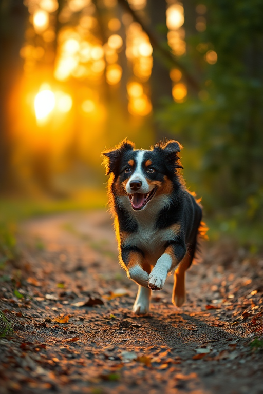 Australian Shepherd running on a forest path during golden hour, shallow depth of field, ISO 200, f/2.8, 1/500 sec, captured with a DSLR camera, 50mm lens, and natural lighting.