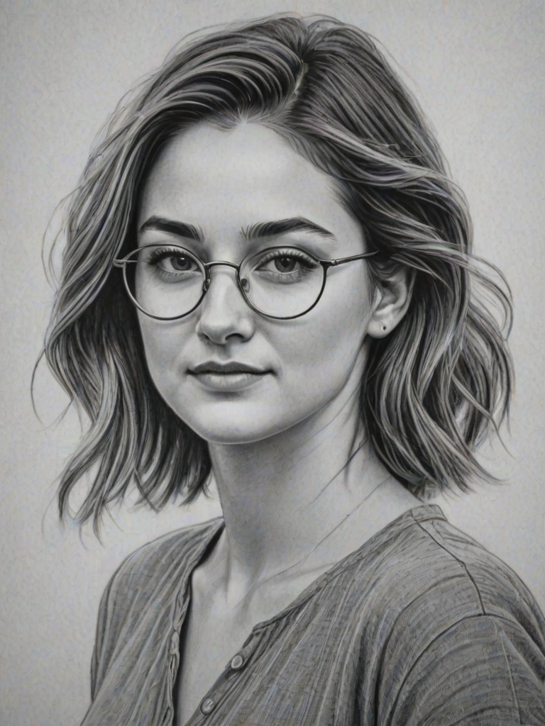 Resplendent Shailene Woodley, pencil sketch, portrait of Charming woman 1931s in glasses, hair style beatnik, outline, clear lines, fine lines, 8k
