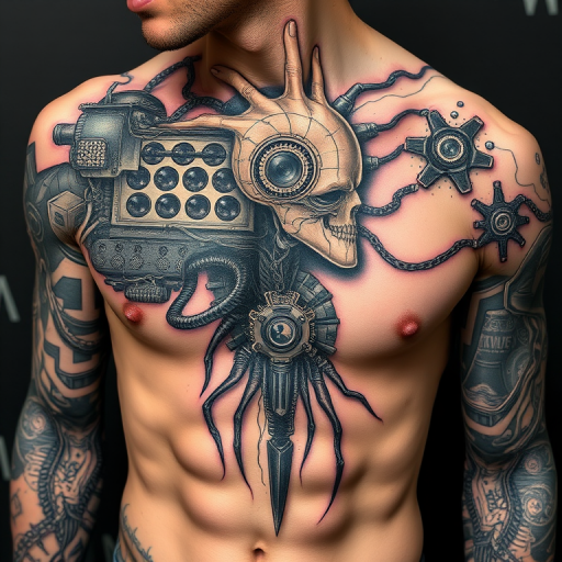 Biomechanical tattoo titled "Cybernetic Awakening" featuring a fusion of organic forms and mechanical components, showcasing hyper-realistic metal textures and exposed circuitry beneath torn skin