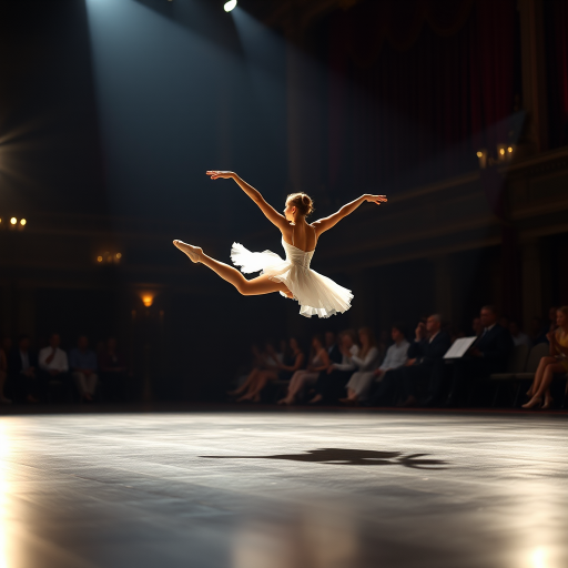 Sharp, high-resolution photo of a ballet dancer mid-leap on a stage, soft light from the spotlight illuminating their graceful form, distant audience members watching in awe, and the sound of classical music filling the air.