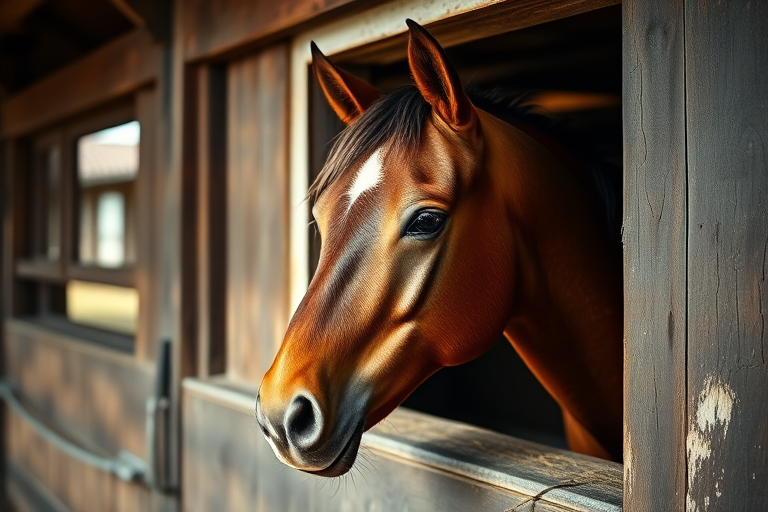 photograph a brown horse looking out from a barn window with natural light, aperture f/2.8 for shallow depth of field, ISO 100 for clear quality, 50mm lens for focused detail, taken from eye level for an intimate perspective, use a DSLR camera for high resolution