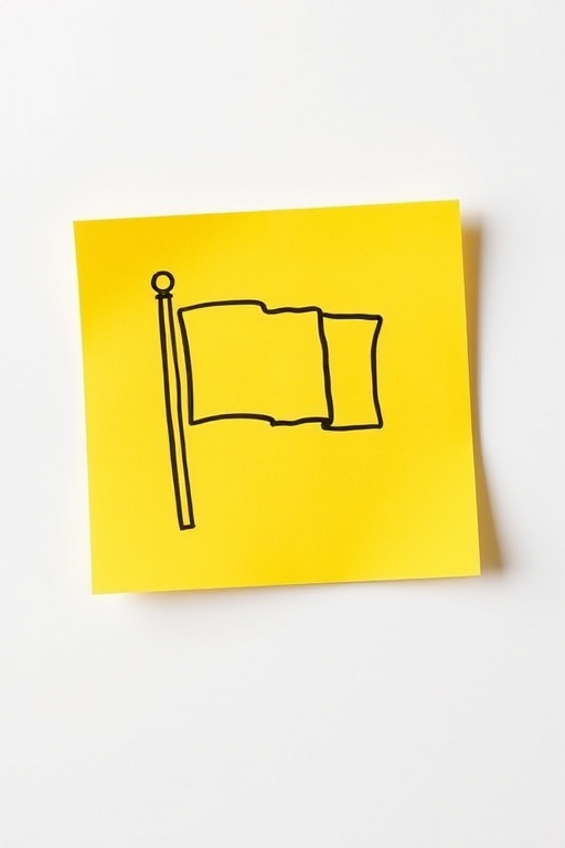 Create a vibrant yellow sticky note with a hand-drawn style flag icon on it, using a DSLR camera with a 50mm lens, f/2.8 aperture, ISO 100, and taken from a top-down view for sharp focus and high contrast.