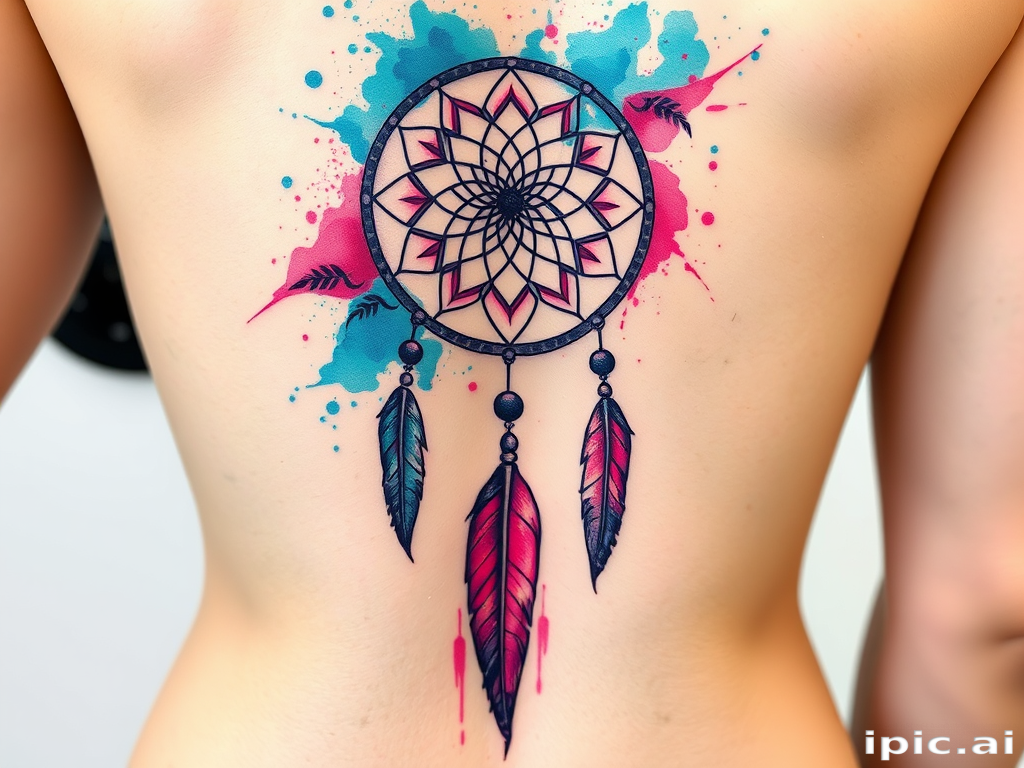 Stunning watercolor tattoo design featuring vibrant splashes of teal and magenta forming a dreamcatcher with feathers cascading down the spine intricate linework and soft gradients blend seamlessly