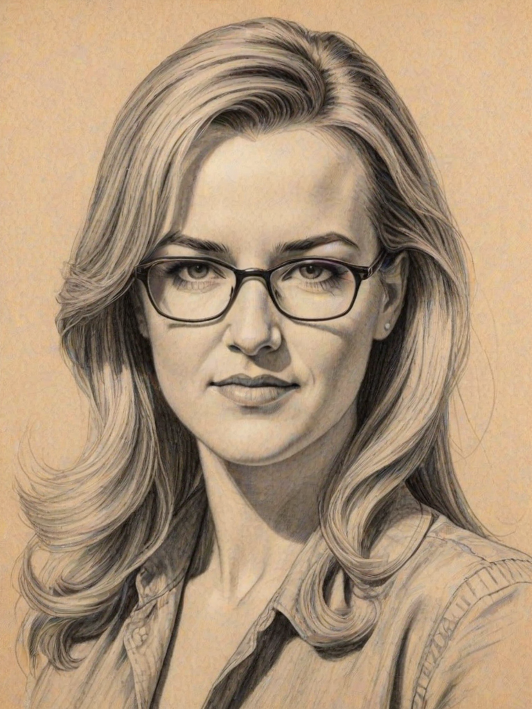 Enticing Renee O'Connor, pencil sketch, portrait of Dazzling woman 1941s in glasses, hair style beatnik, outline, clear lines, fine lines, 8k