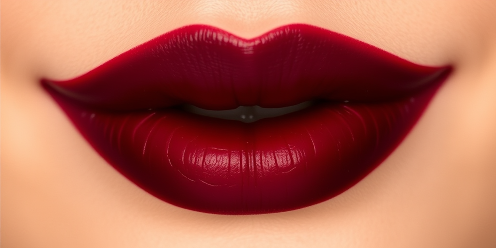 Sultry "Burgundy Wine" lips boasting a rich, dark red color with a satin finish, emphasizing a bold cupid's bow and fuller bottom lip