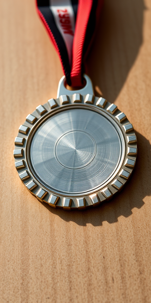Create a high-resolution image of a shiny silver medal with a serrated edge, using a DSLR camera with a 50mm lens, f/2.8 aperture, ISO 100, natural lighting, and a slight angle view to enhance reflections and depth.
