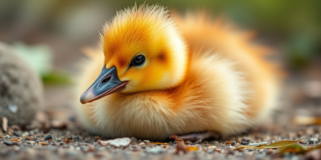 A close-up shot of a fluffy yellow gosling resting on the ground, with soft natural lighting, shallow depth of field, 50mm lens, f/2.8 aperture, ISO 200, shot with a DSLR camera.