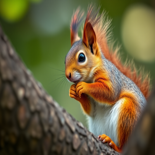 A close-up shot of a squirrel perched on a tree branch, with detailed fur texture and vibrant colors, captured with a Canon EOS R5, 85mm lens, f/2.8 aperture, ISO 200, and a 1/500s shutter speed in natural soft light.