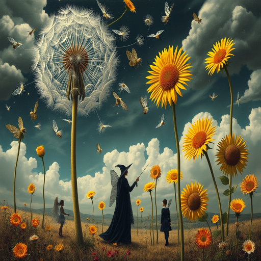 A surreal allegory featuring ethereal fairies, towering sunflowers, and an enigmatic witch, all set within a dreamlike landscape. The scene is dominated by a colossal dandelion, its delicate seeds floating through the air, reminiscent of Yves Tanguy's abstract forms. The environment is a blend of otherworldly elements and natural beauty, with twisted, elongated shapes and surreal colors that evoke a sense of mystery and enchantment.