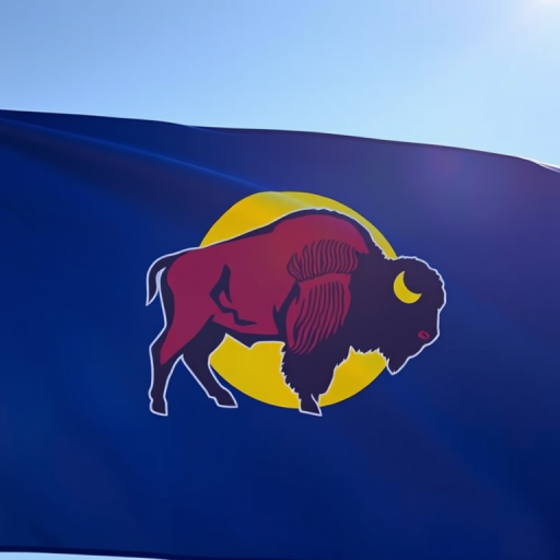 Create an image of the Wyoming state flag featuring a bison silhouette and the state seal, shot with a Canon EOS R5 at 50mm, f/8, ISO 100, natural light for enhanced clarity and color vibrancy.