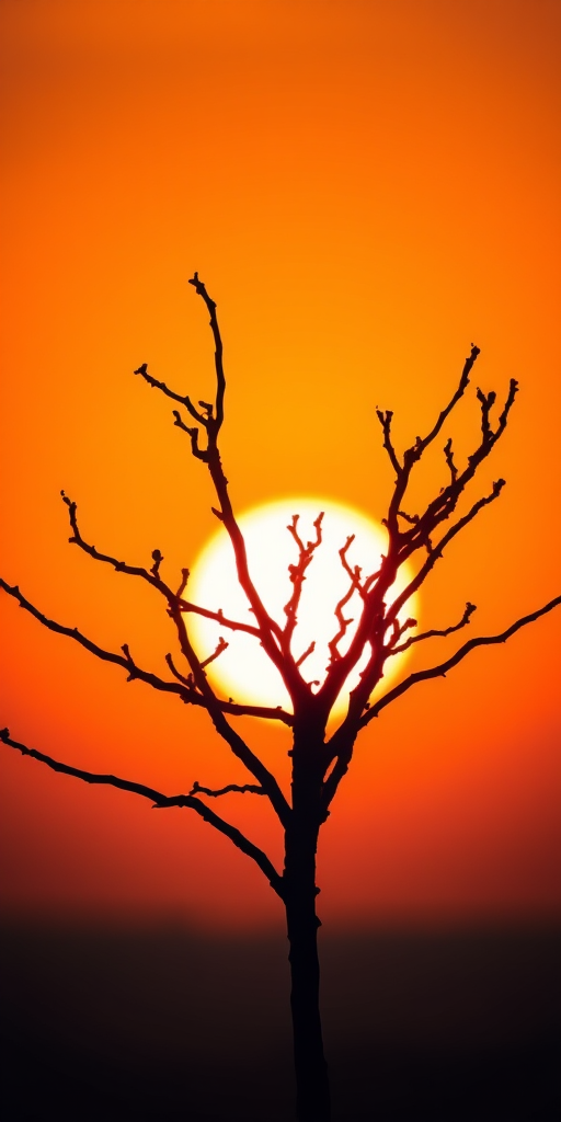 Capture a close-up image of a black silhouette of a tree against a bright orange sunset sky, using a Canon EOS R with a 50mm f/1.8 lens, aperture set to f/4, ISO 100, and a shutter speed of 1/250 seconds.