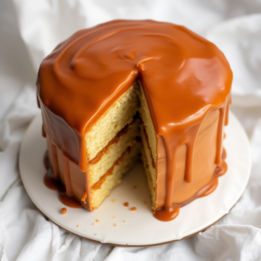 A round caramel cake with smooth glossy caramel icing on top and sides showcasing a slice cut out revealing layers of light sponge cake and caramel filling on a white cloth background.