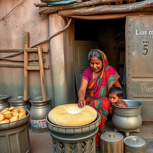 Photograph a woman in a colorful sari making bread outside a rustic home with a child sitting beside her, use a Canon EOS R5 with a 50mm lens, aperture f/2.8, ISO 200, shutter speed 1/250 sec, soft natural lighting, shallow depth of field, capturing warmth and intimacy in a documentary style.