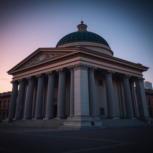 A majestic neoclassical building with grand columns and a domed roof, set against a city skyline during twilight, shot at a low angle with a wide aperture for a shallow depth of field, using a full-frame DSLR camera with a 24mm lens at f/2.8, ISO 100, and a slight vignette for dramatic effect.