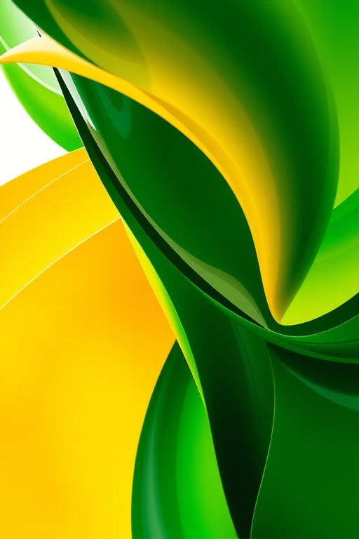 Create a vibrant, abstract image with bold shades of green and yellow, capturing dynamic shapes and flowing lines, using a DSLR camera with a wide-angle lens at f/8, ISO 100, and a shutter speed of 1/200 sec for enhanced clarity and detail.