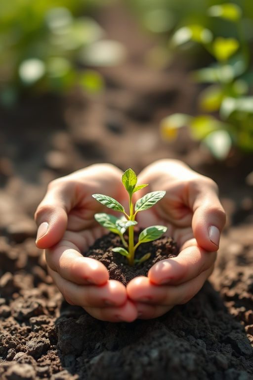 Close-up of hands gently cradling a young green plant in rich soil under natural sunlight, shallow depth of field, f/2.8, 1/200s, ISO 100, 50mm lens, DSLR camera, outdoor setting.