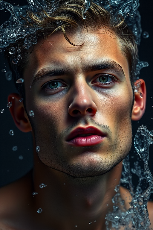 portrait of a male model with water splashing around his head, dramatic lighting, high contrast, DSLR camera, 50mm lens, aperture f/1.8, shutter speed 1/250s, ISO 100, shot from a close-up perspective to enhance detail and clarity