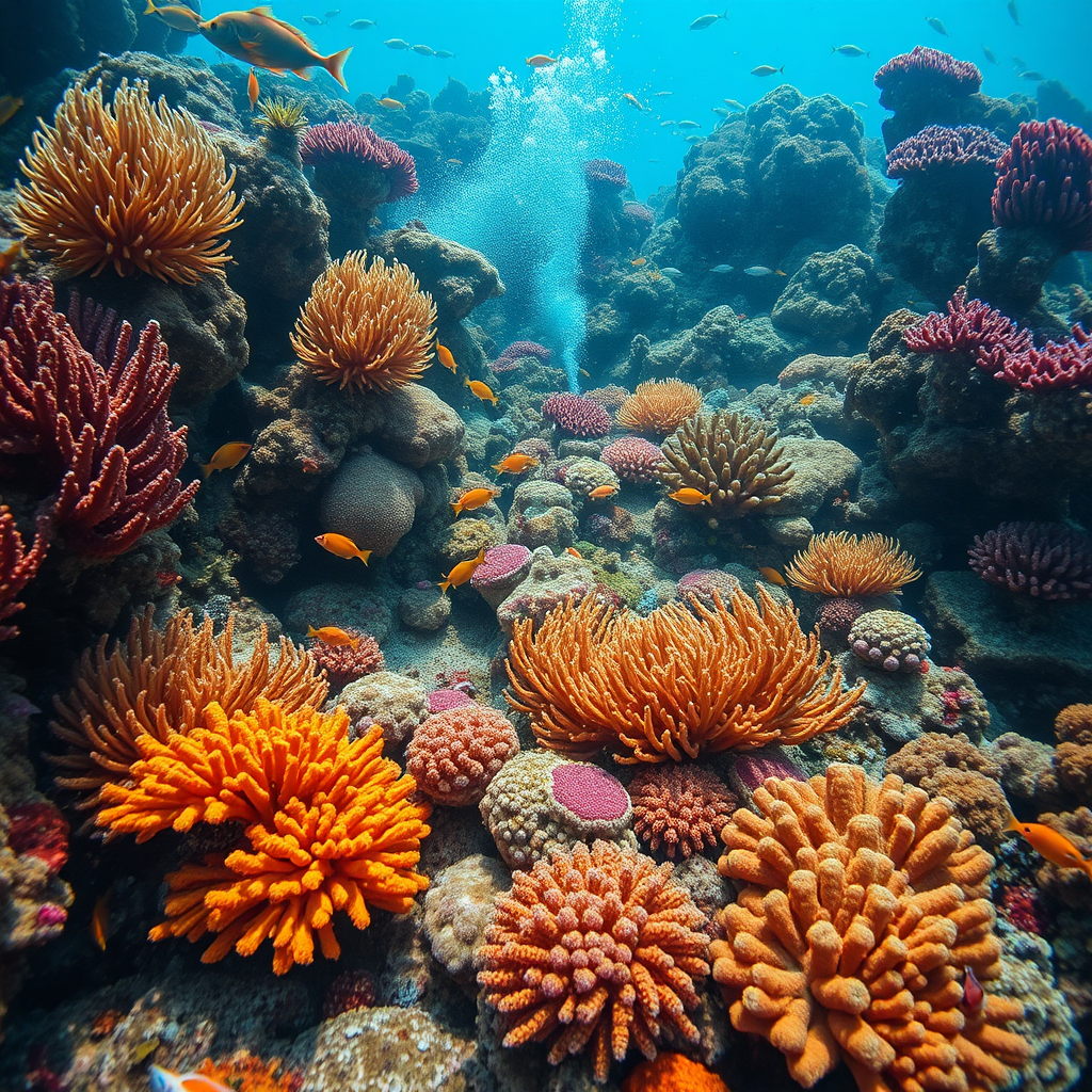 Create a vibrant underwater scene featuring a variety of colorful coral reefs and diverse fish species, captured with a Canon EOS R5, 24mm lens, f/8 aperture, 1/125s shutter speed, ISO 200, wide-angle view, natural lighting, high dynamic range for rich colors and details.