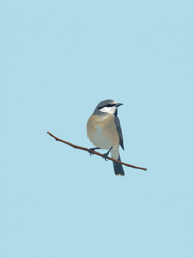 Create a digital illustration of a bird sitting on a branch against a light blue background, focusing on a minimalist and stylized design with high contrast, using a Canon EOS R5 with a 85mm f/1.2 lens at ISO 100, aperture f/2.8, and a shutter speed of 1/500s for enhanced detail and clarity.