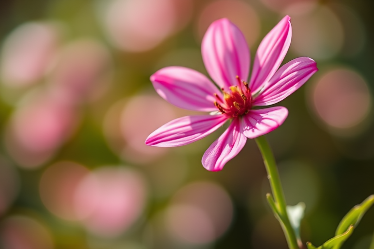 macro shot of a pink flower against a blurred background with soft bokeh effects, f/2.8 aperture, 50mm lens, ISO 100, natural lighting, taken with a DSLR camera